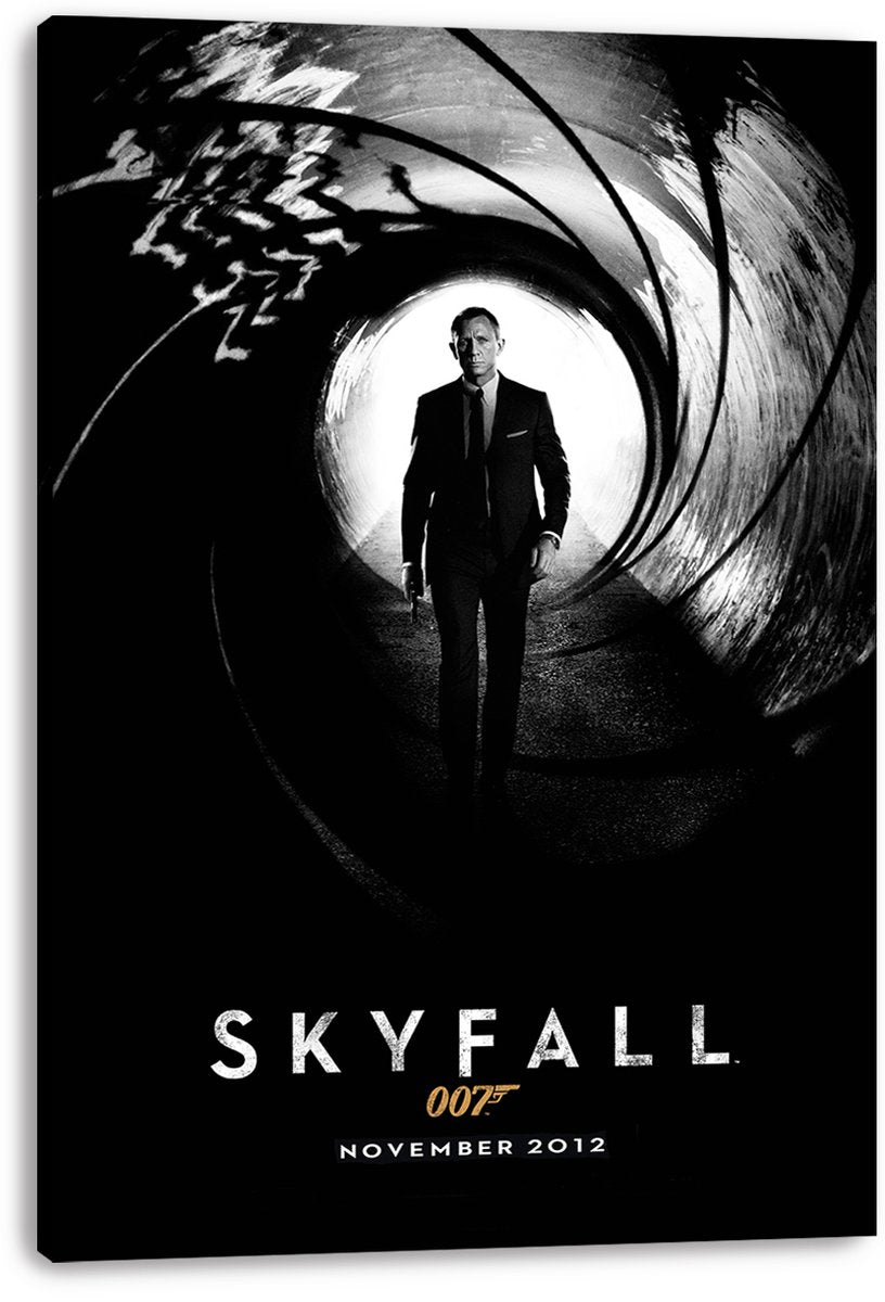 Skyfall canvas wall art print displays Daniel Craig as James Bond walking through the black-and-white gun barrel design with gold 007 text.