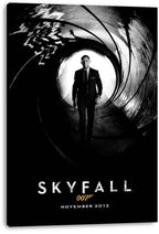 Skyfall canvas wall art print displays Daniel Craig as James Bond walking through the black-and-white gun barrel design with gold 007 text.