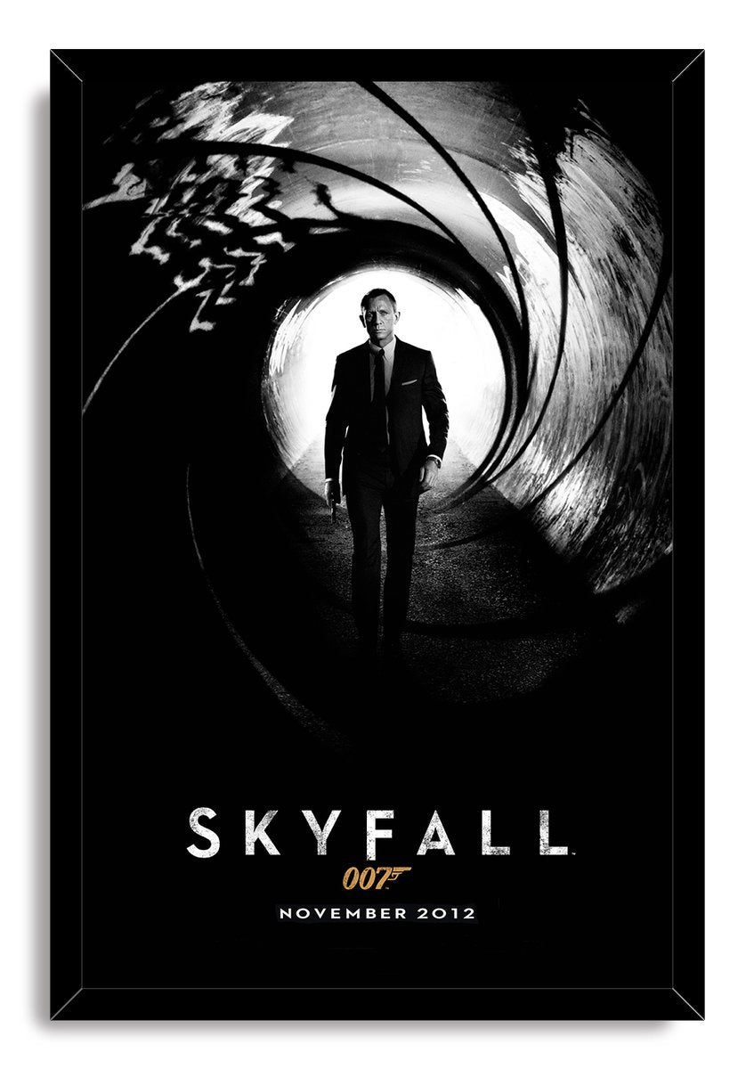 Skyfall framed wall art print presents Daniel Craig as James Bond in a gun barrel tunnel, with black frame and November 2012 text.