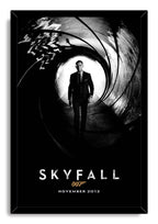 Skyfall framed wall art print presents Daniel Craig as James Bond in a gun barrel tunnel, with black frame and November 2012 text.