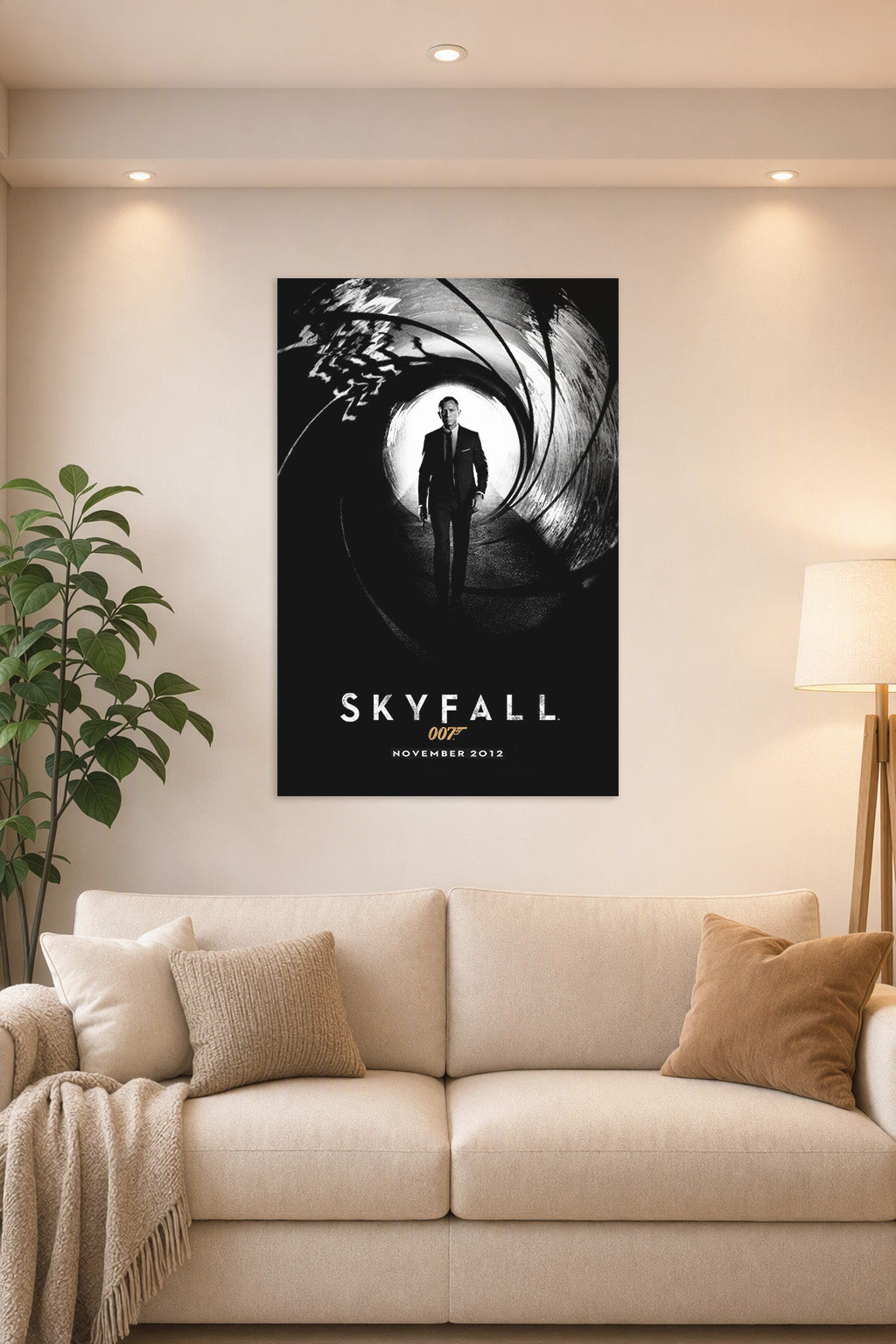 Skyfall James Bond Daniel Craig in a bright living room above a beige sofa.