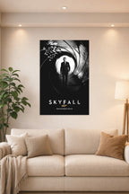 Skyfall James Bond Daniel Craig in a bright living room above a beige sofa.