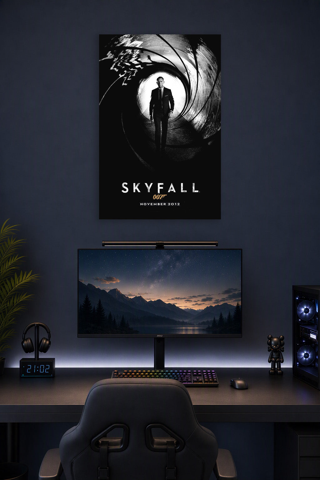 Skyfall James Bond Daniel Craig in a gaming desk setup above a monitor.