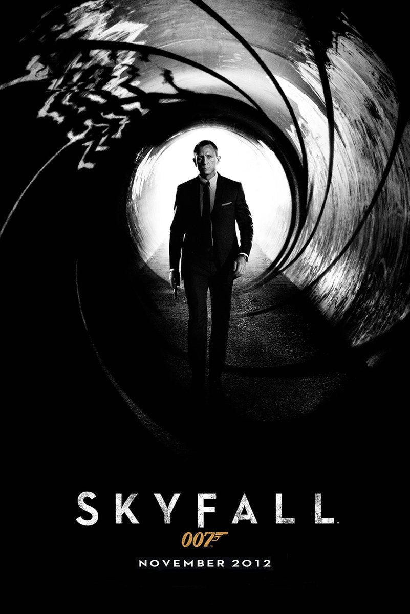 Skyfall poster features Daniel Craig as James Bond in a black suit walking through a monochrome gun barrel, with title text below.