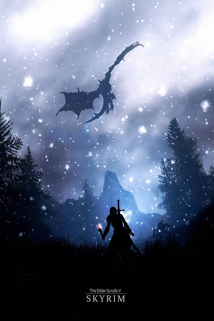 Skyrim poster depicts a silhouetted warrior beneath a flying dragon in a snowy blue forest, with the game title below.