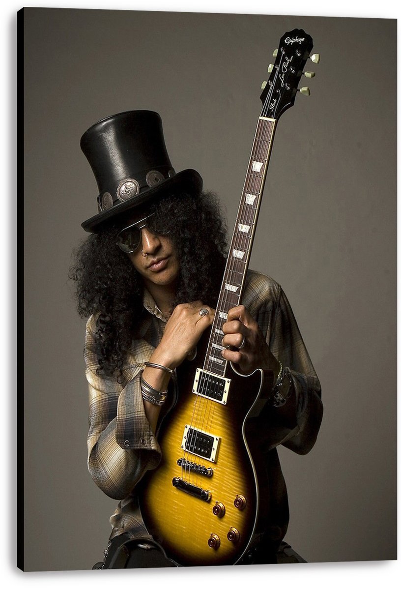 Slash canvas wall art print with the guitarist in a top hat, plaid shirt, and sunglasses holding a golden sunburst guitar.