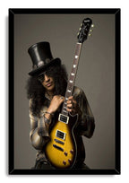 Slash framed wall art print portraying the top-hatted guitarist holding a sunburst electric guitar on a muted gray background.