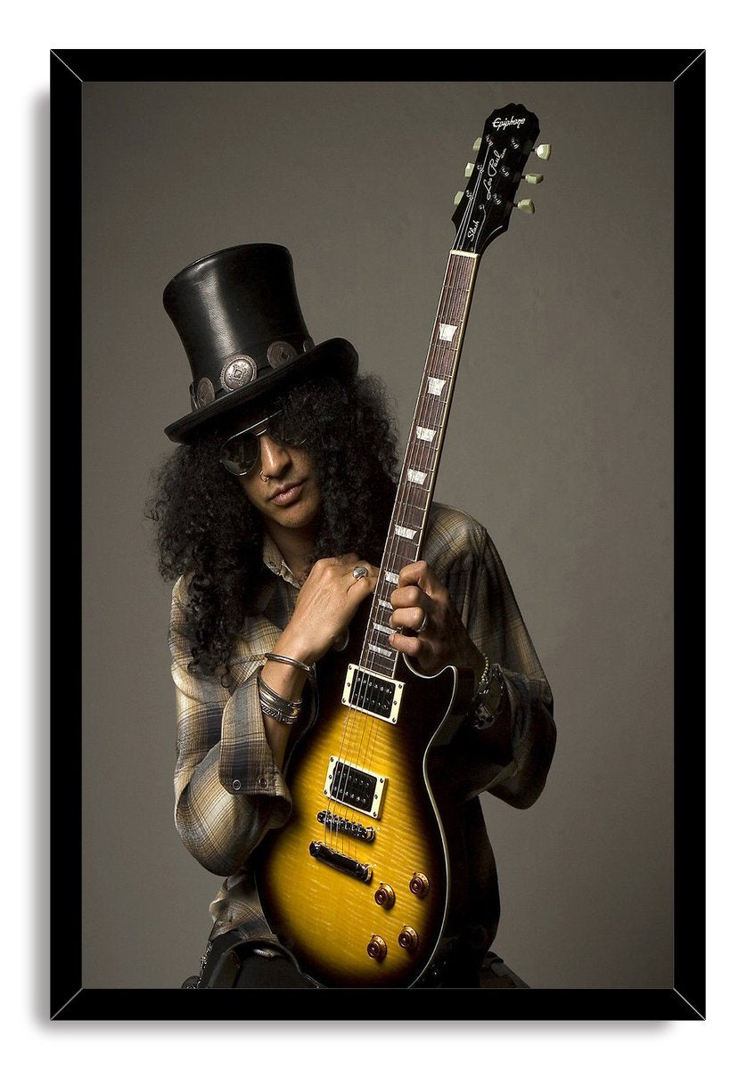 Slash framed wall art print portraying the top-hatted guitarist holding a sunburst electric guitar on a muted gray background.