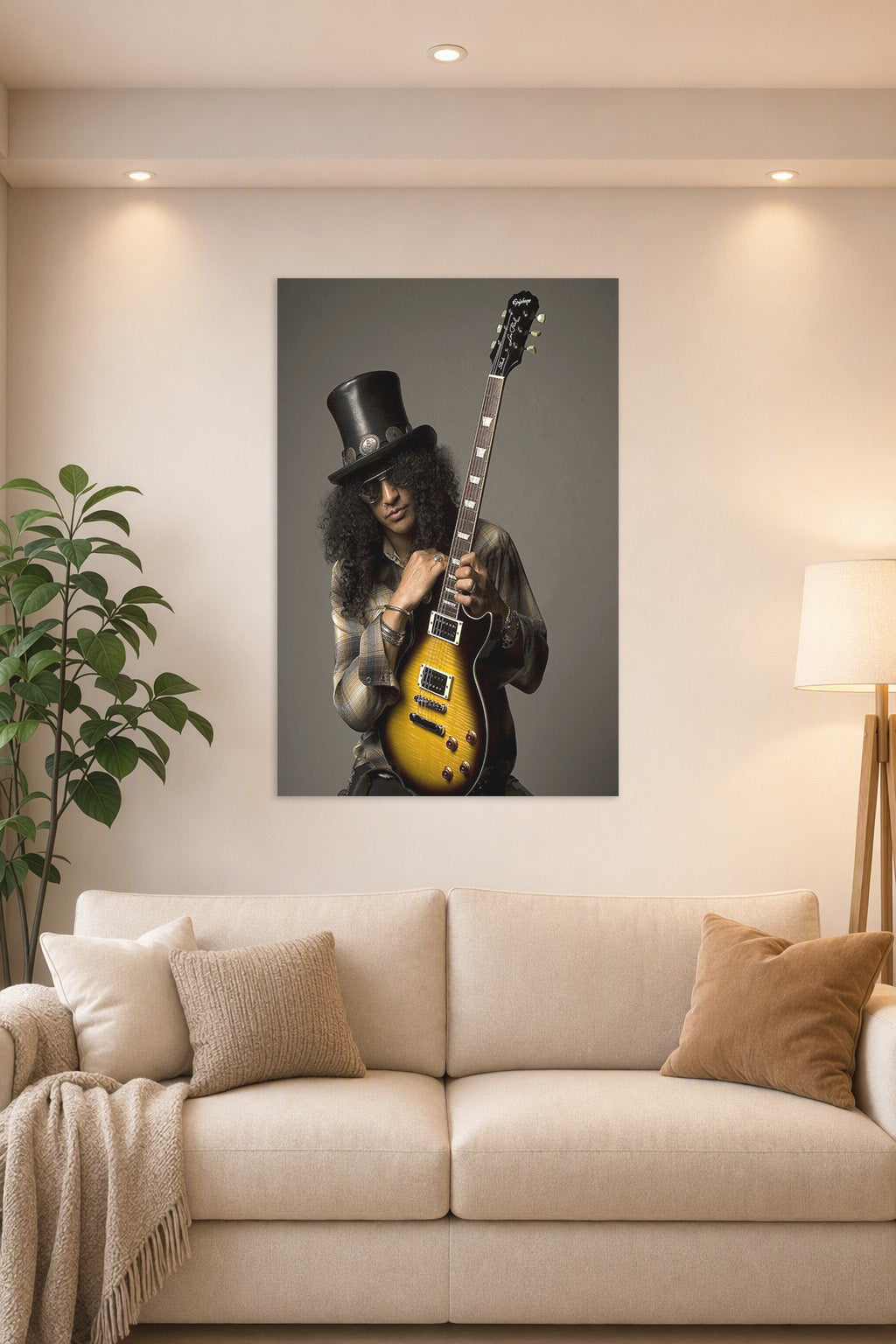 Slash in a bright living room above a beige sofa.