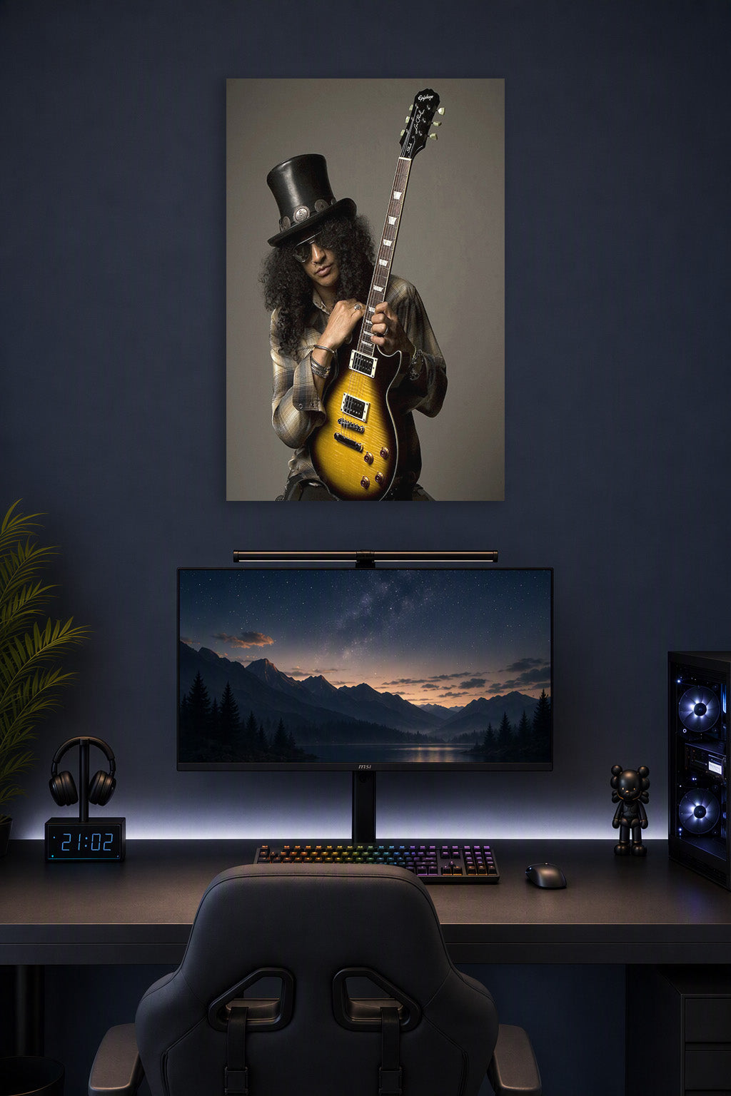 Slash in a gaming desk setup above a monitor.
