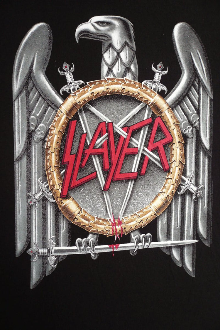 Slayer wall art print with a silver eagle, red band logo, pentagram, gold wreath, and crossed swords on black.
