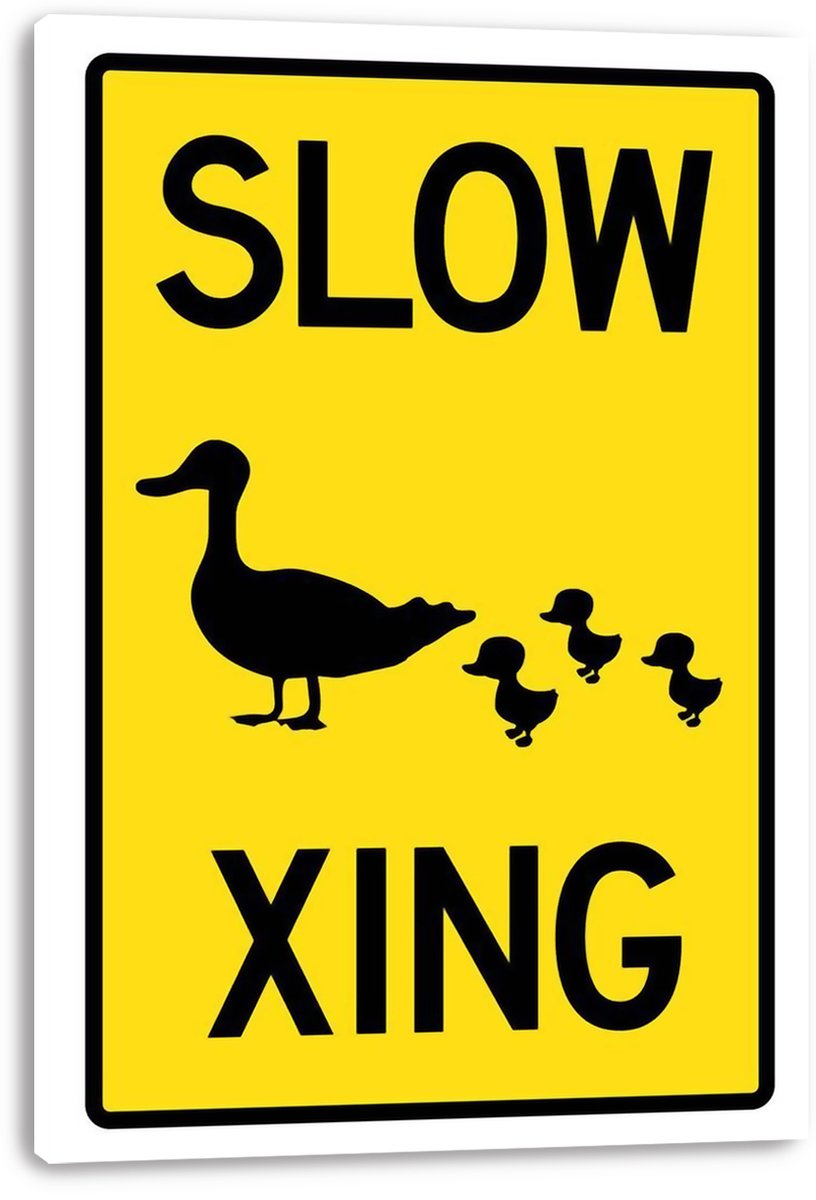Slow Duck Crossing canvas wall art print featuring black duck and duckling silhouettes, yellow sign field, and white canvas edges.