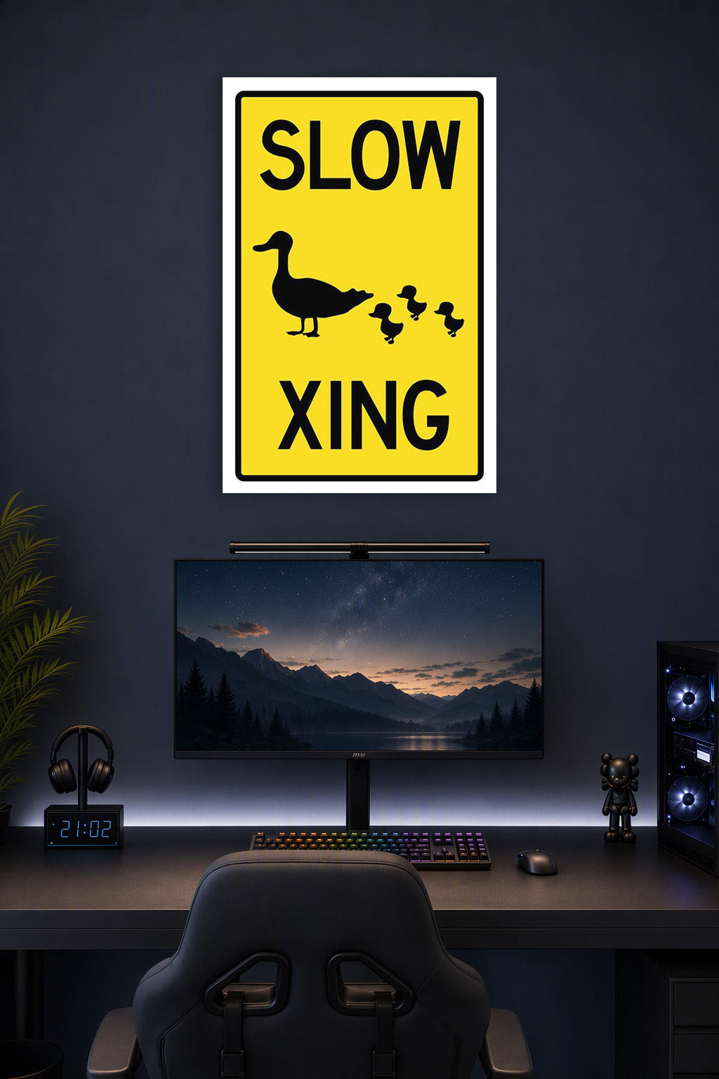 Slow Duck Crossing Sign in a gaming desk setup above a monitor.