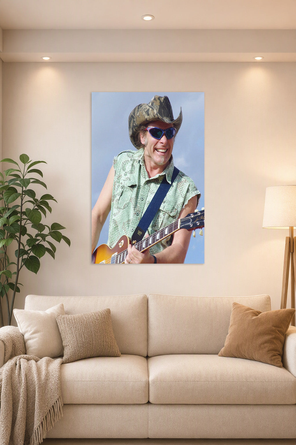 Smiling Guitarist in Cowboy Hat in a bright living room above a beige sofa.