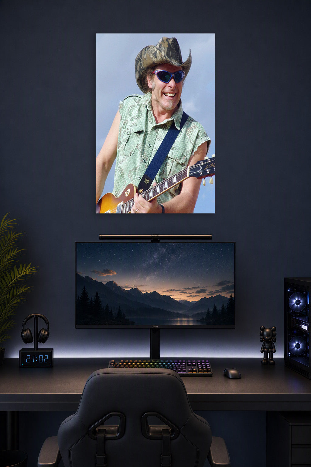 Smiling Guitarist in Cowboy Hat in a gaming desk setup above a monitor.