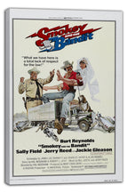 Smokey and the Bandit canvas wall art print displays the red and blue title above illustrated characters, truck, dog, and crashed cars.