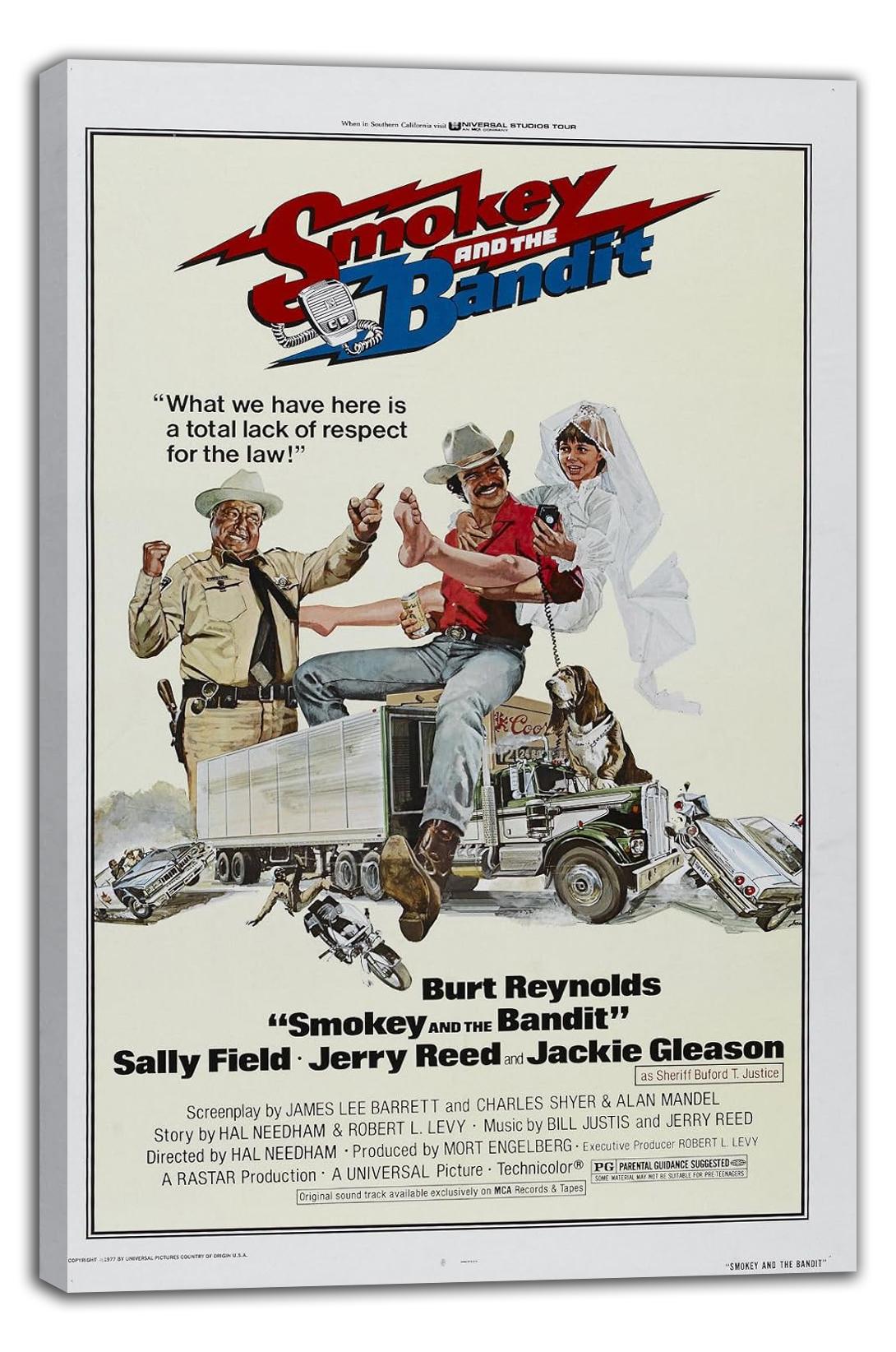 Smokey and the Bandit canvas wall art print displays the red and blue title above illustrated characters, truck, dog, and crashed cars.