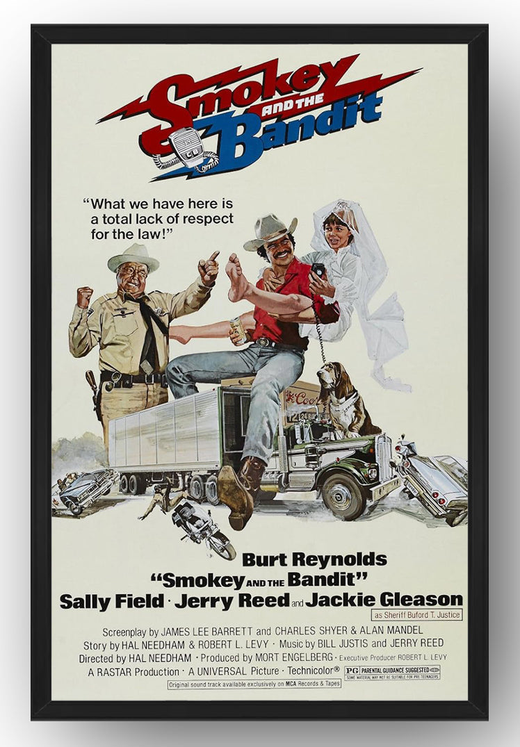 Smokey and the Bandit framed wall art print presents a sheriff, cowboy-hatted man, bride, dog, semi truck, and vehicles in a black frame.