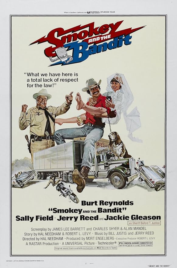 Smokey and the Bandit poster features a cowboy-hatted man, bride, sheriff, dog, semi truck, cars, and motorcycle.