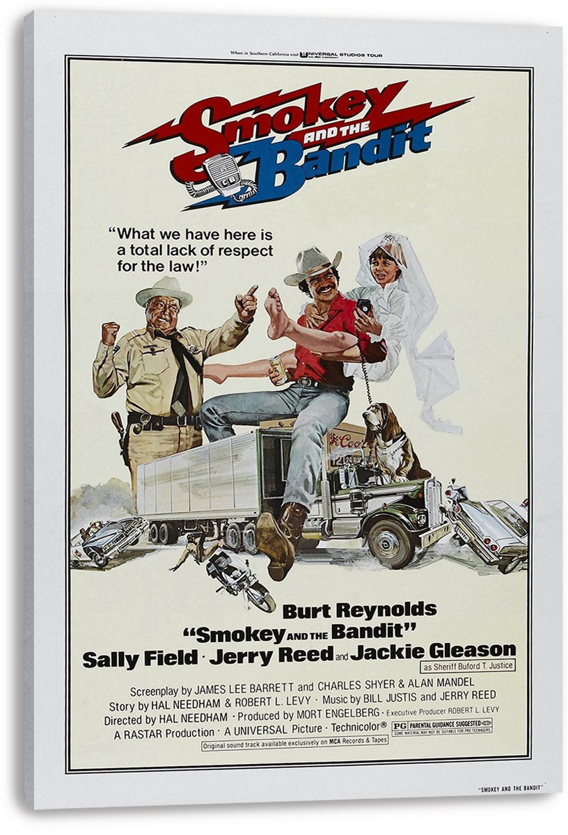 Smokey and the Bandit canvas wall art print featuring a sheriff beside a cowboy carrying a bride above a semi truck and motorcycles.