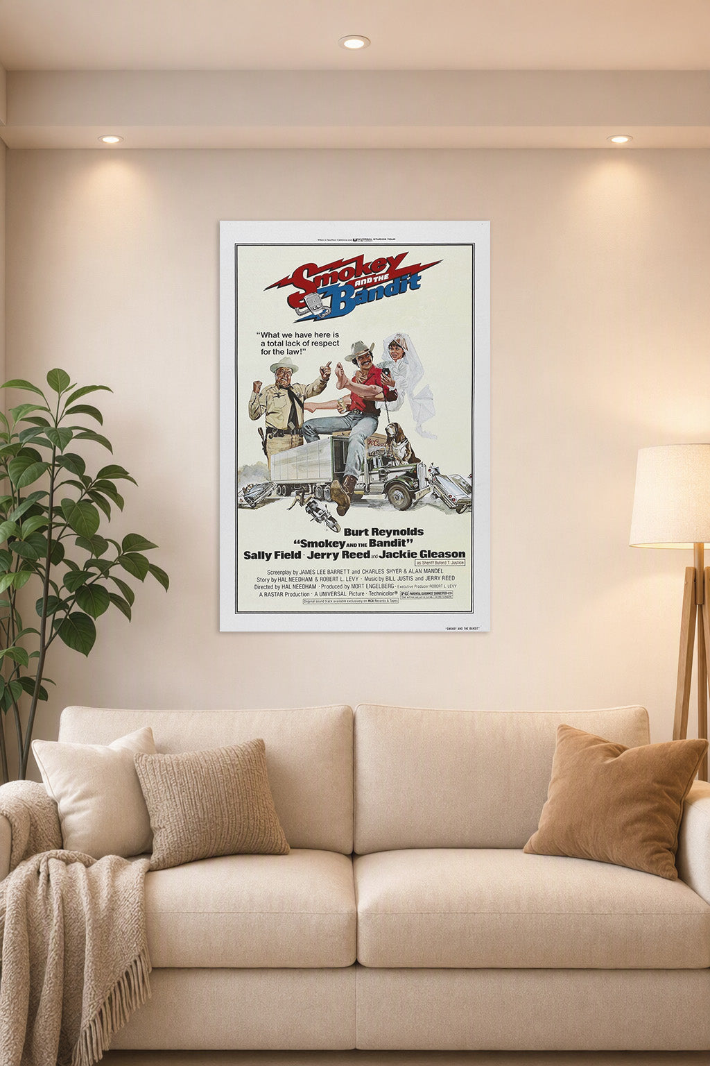 Smokey and the Bandit Movie Poster in a bright living room above a beige sofa.