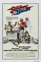 Smokey and the Bandit movie poster wall art with red and blue title lettering, a sheriff, cowboy, bride, truck, dog, and crashing cars.