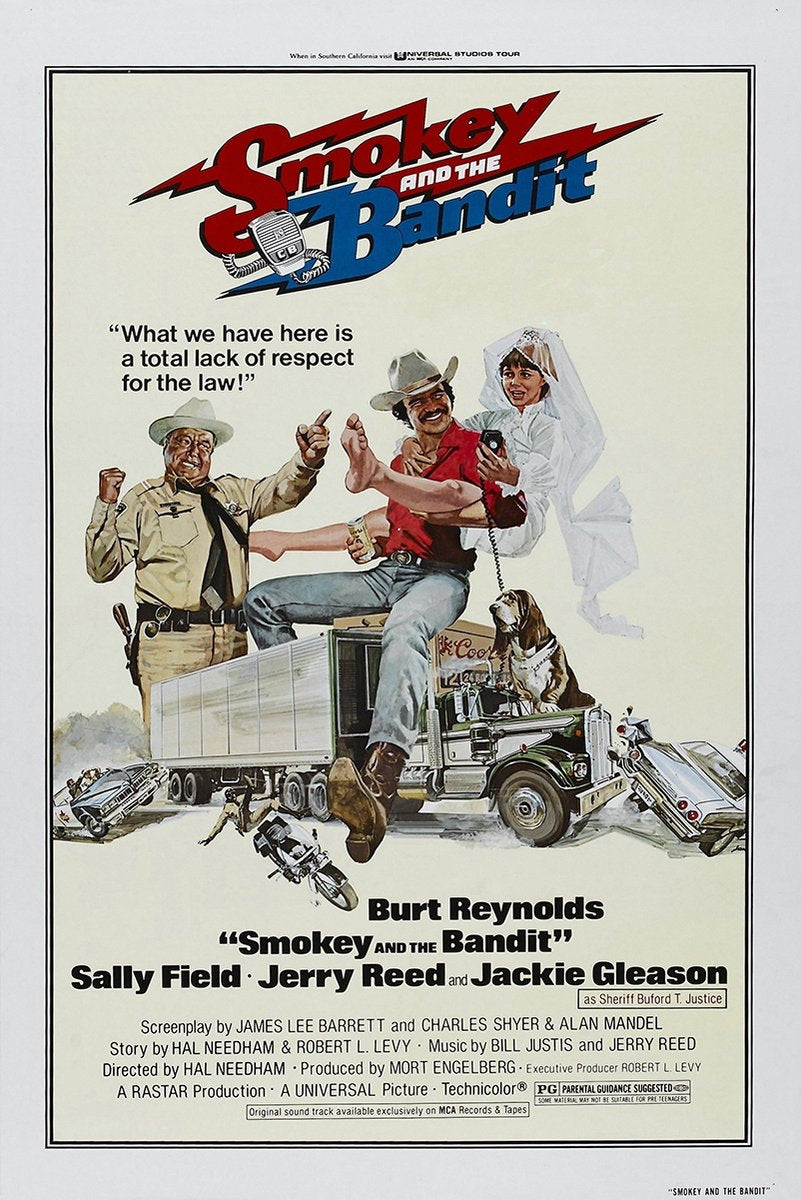 Smokey and the Bandit movie poster wall art with red and blue title lettering, a sheriff, cowboy, bride, truck, dog, and crashing cars.