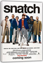 Snatch canvas wall art print featuring six men and a white dog, with bold black title and coming soon text on white.