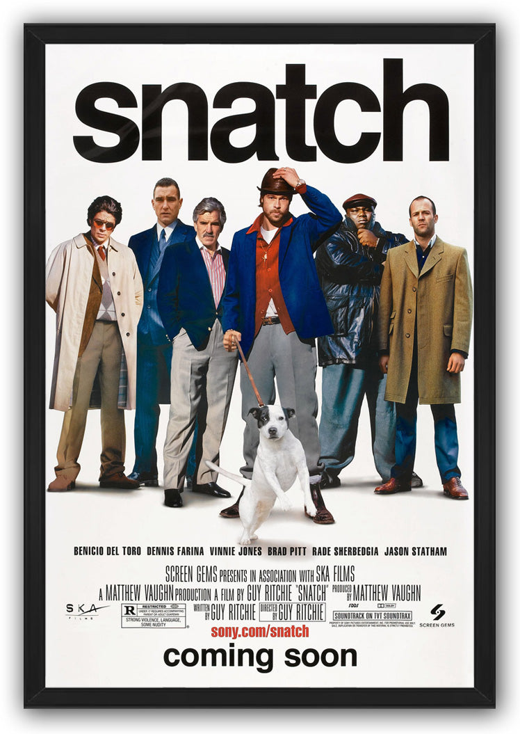 Snatch framed wall art print with six men in varied coats behind a white dog beneath the large black film title.
