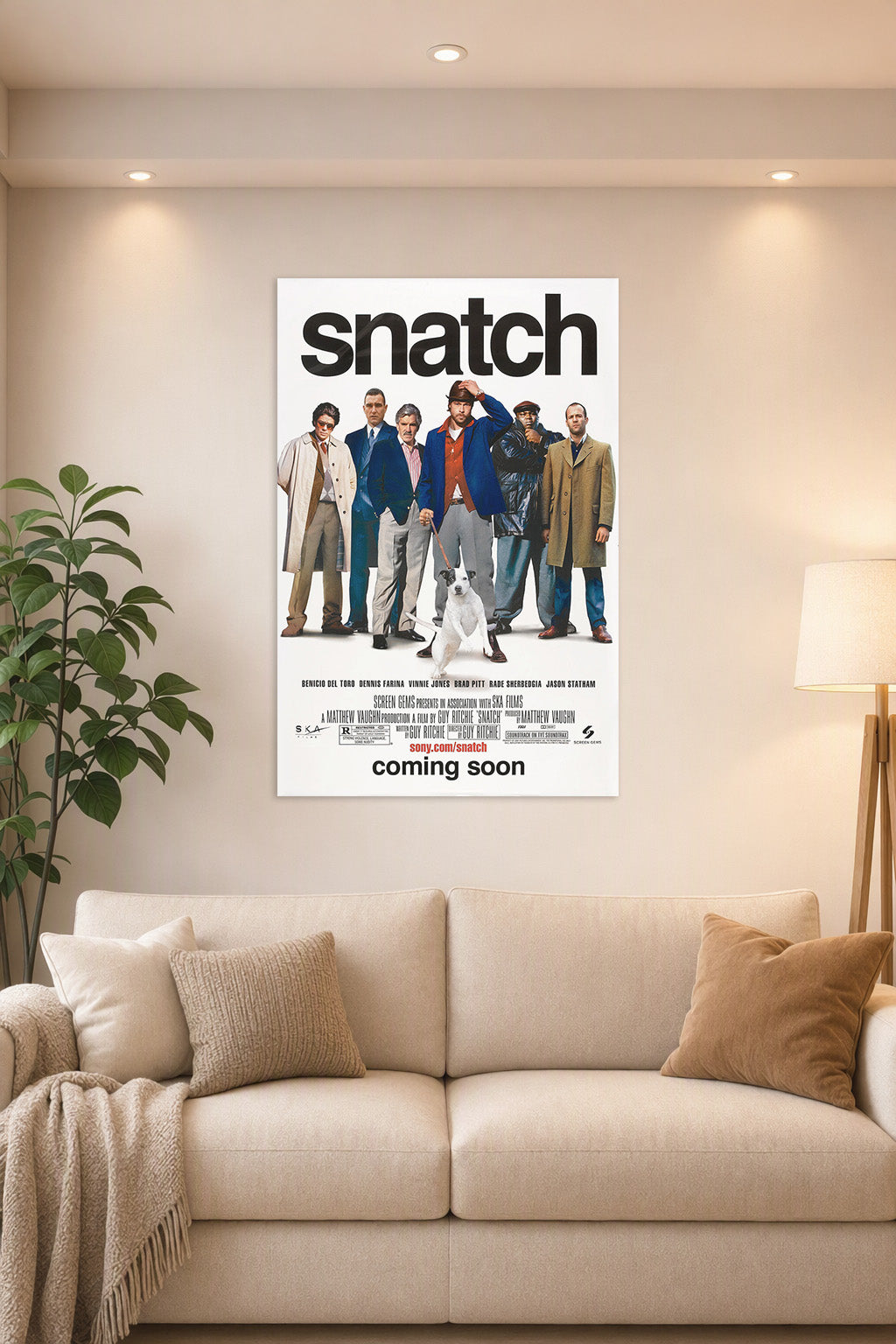 Snatch Movies in a bright living room above a beige sofa.
