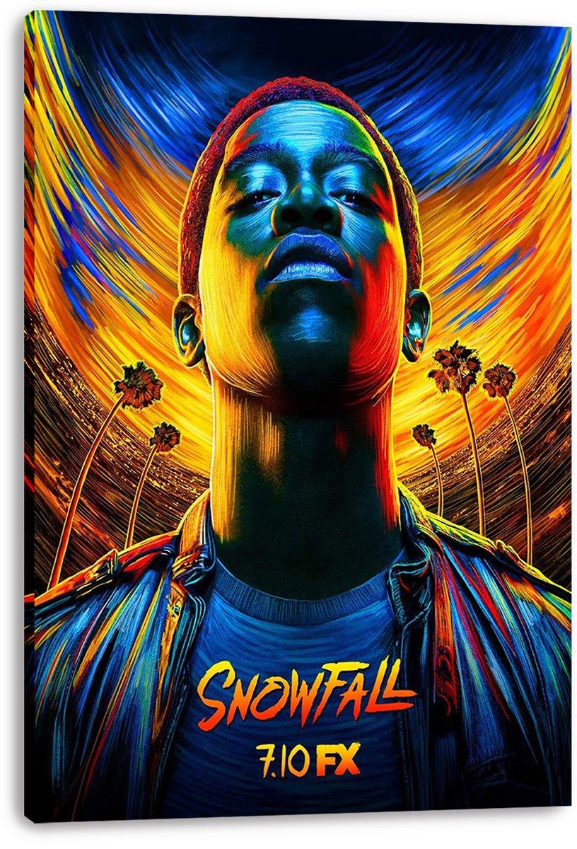 Snowfall canvas wall art print featuring Franklin Saint in vivid blue, yellow, and red brushstrokes beneath palm trees.