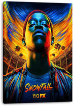 Snowfall canvas wall art print featuring Franklin Saint in vivid blue, yellow, and red brushstrokes beneath palm trees.