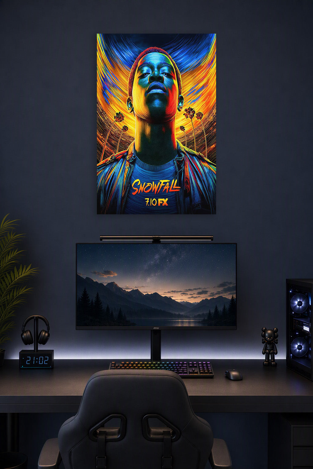 Snowfall Franklin Saint in a gaming desk setup above a monitor.