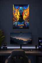 Snowfall Franklin Saint in a gaming desk setup above a monitor.