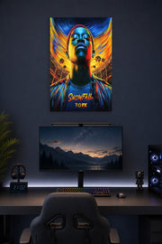 Snowfall Franklin Saint in a gaming desk setup above a monitor.