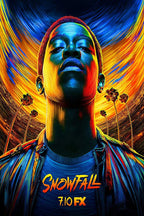 Snowfall poster featuring Franklin Saint in a neon blue and orange portrait with palm trees and 7.10 FX text.