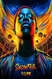 Snowfall poster featuring Franklin Saint in a neon blue and orange portrait with palm trees and 7.10 FX text.