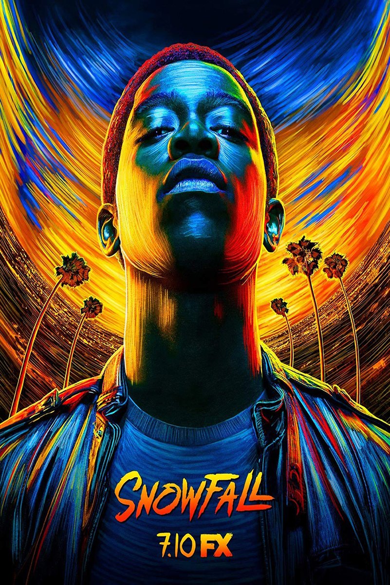 Snowfall poster featuring Franklin Saint in a neon blue and orange portrait with palm trees and 7.10 FX text.