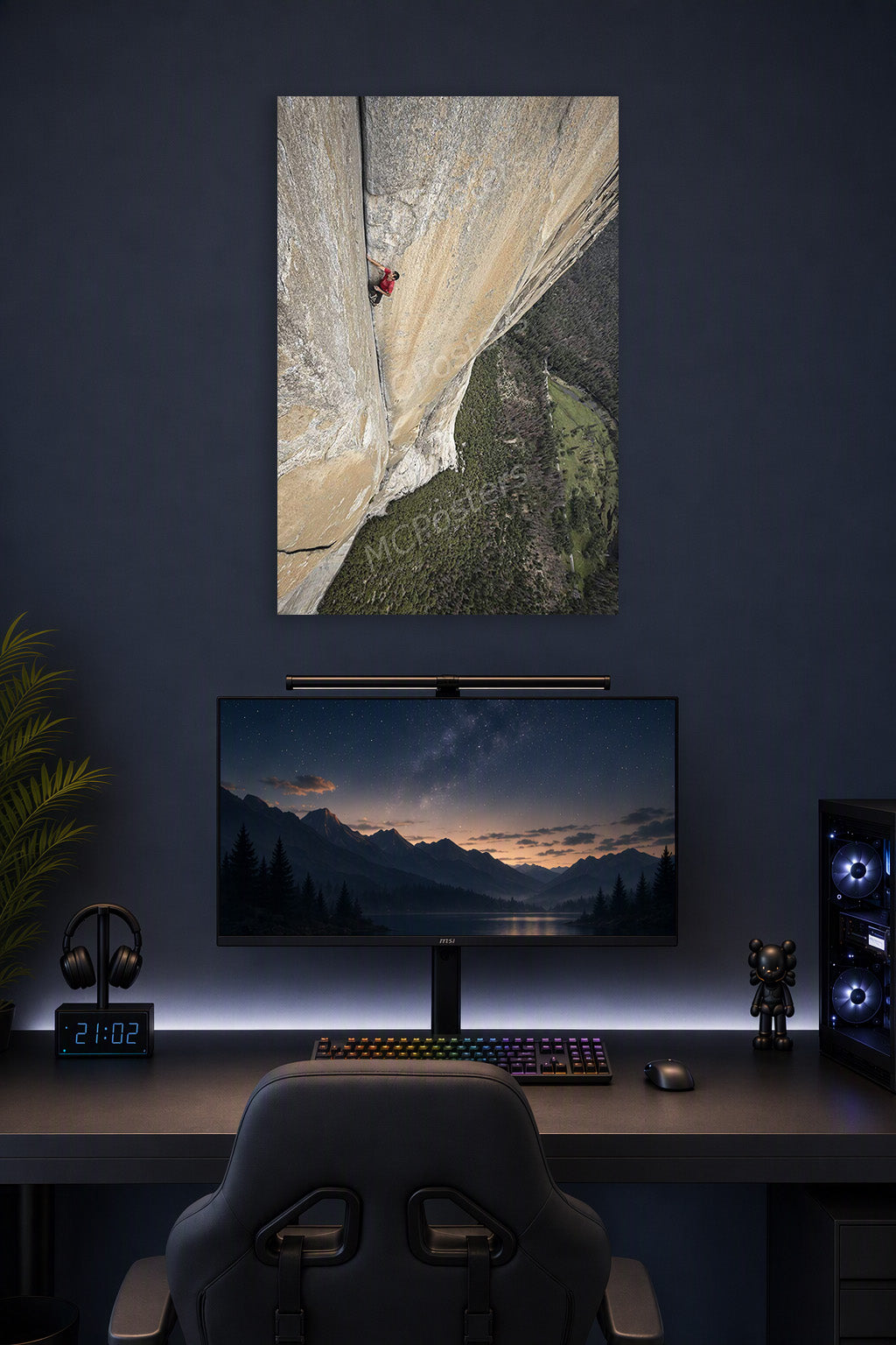 Solo Rock Climber in a gaming desk setup above a monitor.