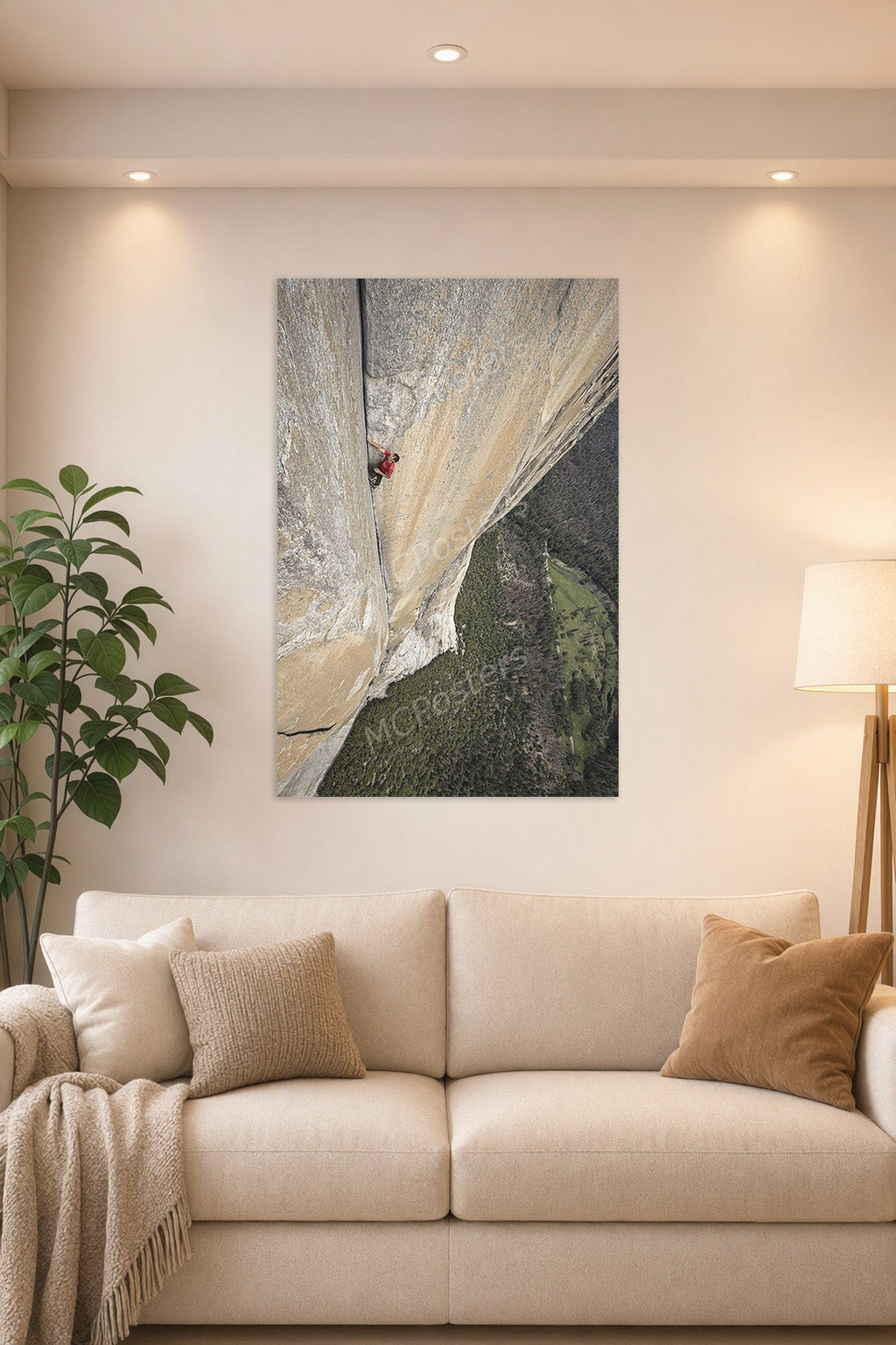 Solo Rock Climber in a bright living room above a beige sofa.