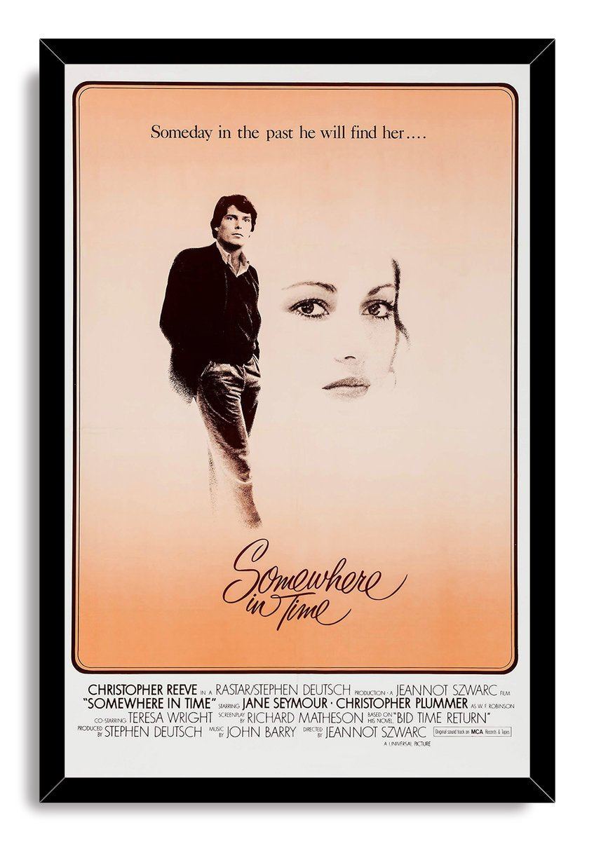 Somewhere in Time framed wall art print with sepia portraits, the scripted title, tagline, cast credits, and black border.