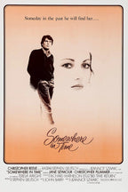 Somewhere in Time poster with sepia portraits of a standing man and a woman's face, peach background, and film credits.