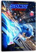 Sonic the Hedgehog canvas wall art print depicts Sonic speeding through a vertical cityscape with electric-blue trails and hovering drones.