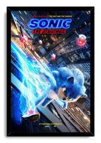 Sonic the Hedgehog framed wall art print portrays Sonic running past skyscrapers in blue lightning while four red-eyed drones fly above.