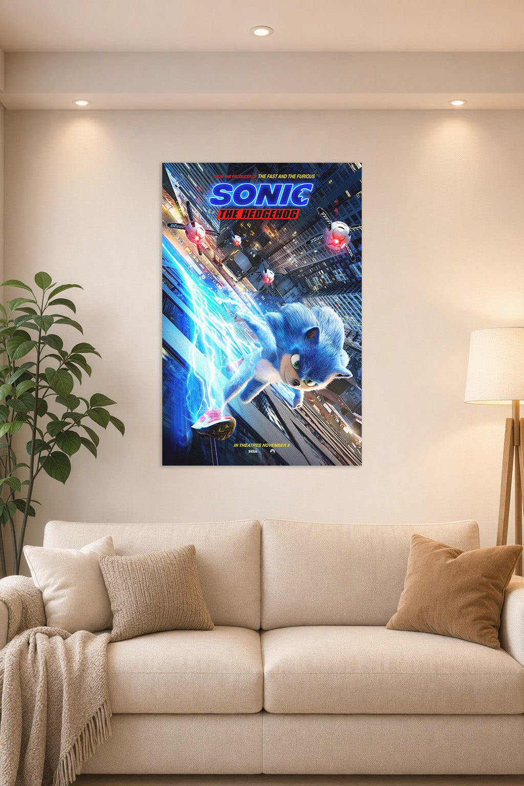 Sonic The Hedgehog in a bright living room above a beige sofa.