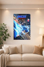 Sonic The Hedgehog in a bright living room above a beige sofa.