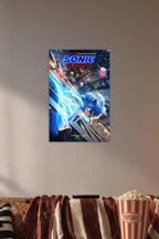 Sonic The Hedgehog in a cozy movie room above a brown sofa with popcorn.