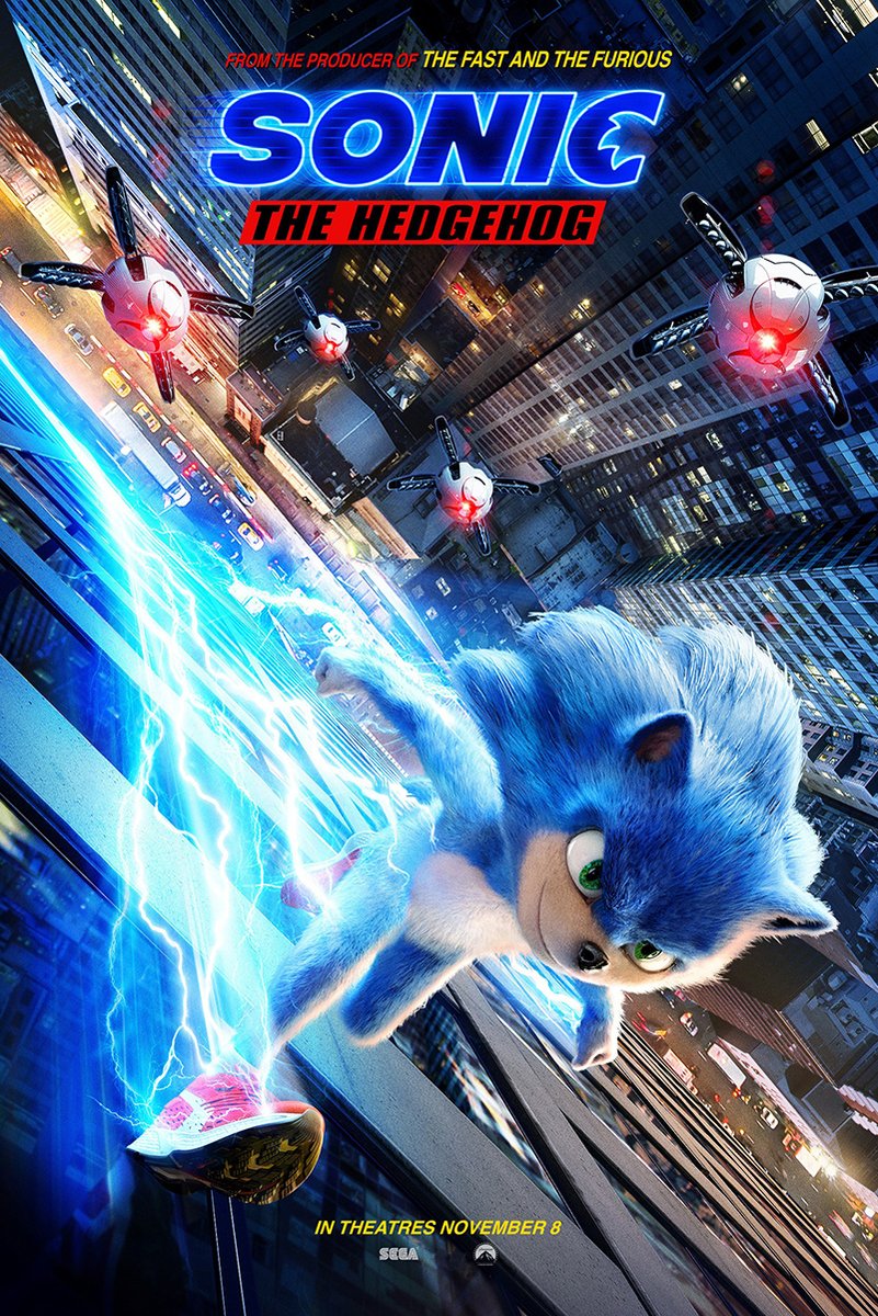 Sonic the Hedgehog poster features Sonic racing down a city skyscraper amid blue lightning as red-eyed drones pursue overhead.