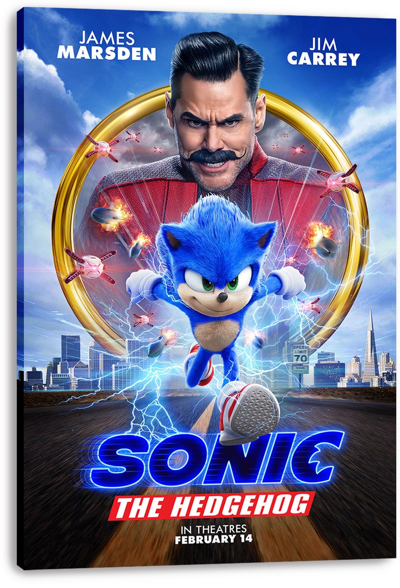 Sonic the Hedgehog canvas wall art print depicts Sonic racing through electric-blue lightning with Dr. Robotnik, drones, and a gold ring.