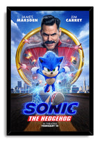 Sonic the Hedgehog framed wall art print portrays Sonic charging forward beneath Dr. Robotnik, surrounded by drones, lightning, and a cityscape.